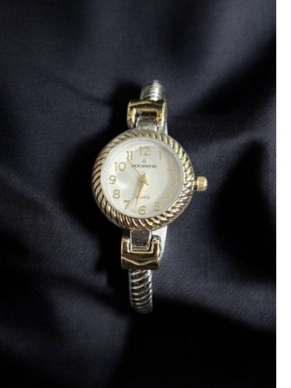 BOUSSIVIE Silver and Goldtone Ladies Hinged Clamper Quartz Cuff Bracelet Watch